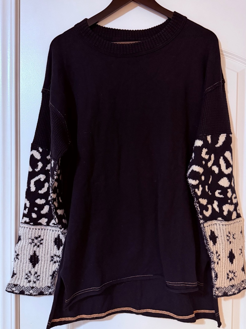 We The Free Black and Cream Patterned Sleeve Women’s Sweater